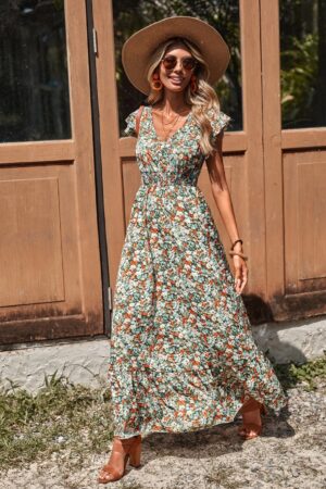 Vestido Floral Boho con Mangas Mariposa y Dobladillo de Volantes