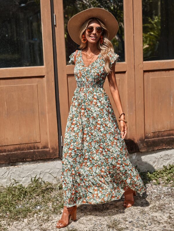 Vestido Floral Boho con Mangas Mariposa y Dobladillo de Volantes