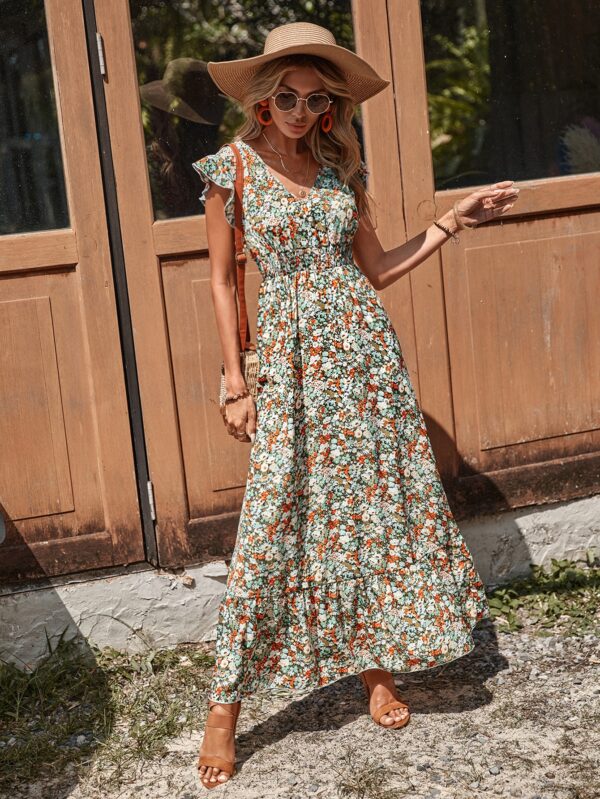 Vestido Floral Boho con Mangas Mariposa y Dobladillo de Volantes - Image 6