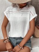 Blusa Casual con Encaje Contraste y Mangas Murciélago