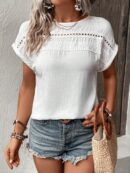 Blusa Casual con Encaje Contraste y Mangas Murciélago