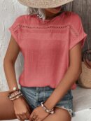 Blusa Casual con Encaje Contraste y Mangas Murciélago
