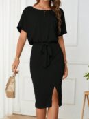 Vestido Casual con Cinturón y Falda Dividida de Manga Murciélago