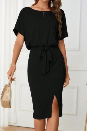 Vestido Casual con Cinturón y Falda Dividida de Manga Murciélago