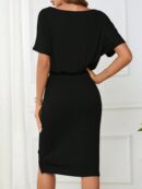 Vestido Casual con Cinturón y Falda Dividida de Manga Murciélago