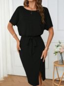 Vestido Casual con Cinturón y Falda Dividida de Manga Murciélago