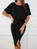 Vestido Casual con Cinturón y Falda Dividida de Manga Murciélago