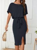 Vestido Casual con Cinturón y Falda Dividida de Manga Murciélago