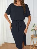 Vestido Casual con Cinturón y Falda Dividida de Manga Murciélago