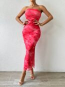 Vestido Strapless Tie Dye con Abertura Lateral y Ruched