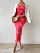 Vestido Strapless Tie Dye con Abertura Lateral y Ruched
