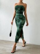 Vestido Strapless Tie Dye con Abertura Lateral y Ruched