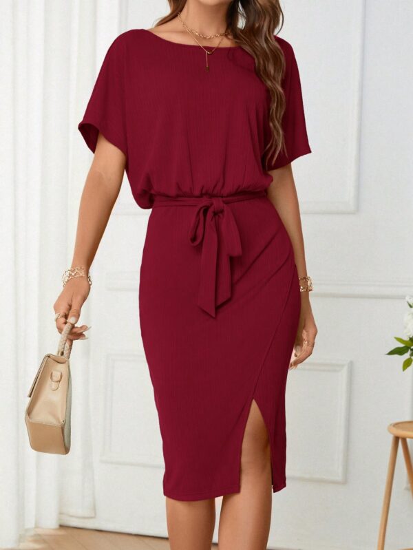 Vestido Casual con Cinturón y Falda Dividida de Manga Murciélago - Image 19