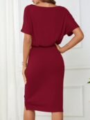 Vestido Casual con Cinturón y Falda Dividida de Manga Murciélago