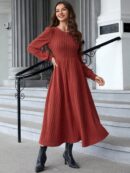 Vestido Rojo Invernal de Cuello Redondo y Manga Farol