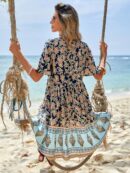 Vestido Boho Floral con Cuello Atado y Volantes