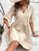 Vestido de Algodón con Vuelos y Cuello Fruncido