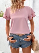 Camisa Casual de Verano con Mangas de Volantes en Color Sólido