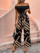 Conjunto Casual Dos Piezas: Top Hombros Descubiertos y Pantalón Rayado con Cinturón