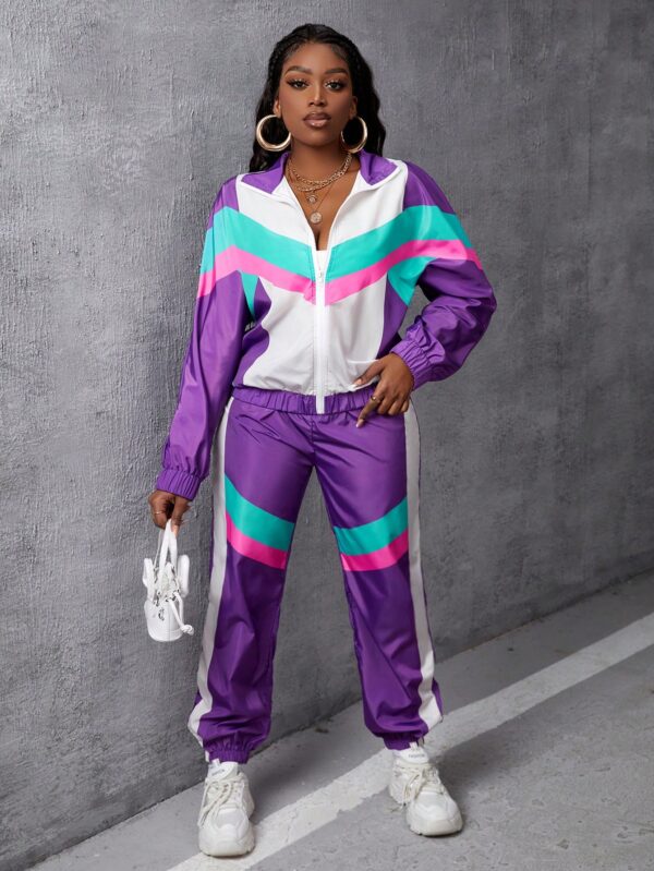 Conjunto Casual de Chaqueta y Pantalón con Cierre Frontal y Bloques de Color - Image 3