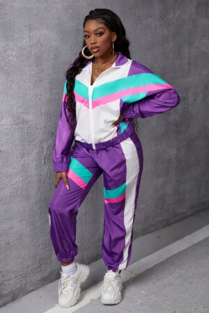 Conjunto Casual de Chaqueta y Pantalón con Cierre Frontal y Bloques de Color