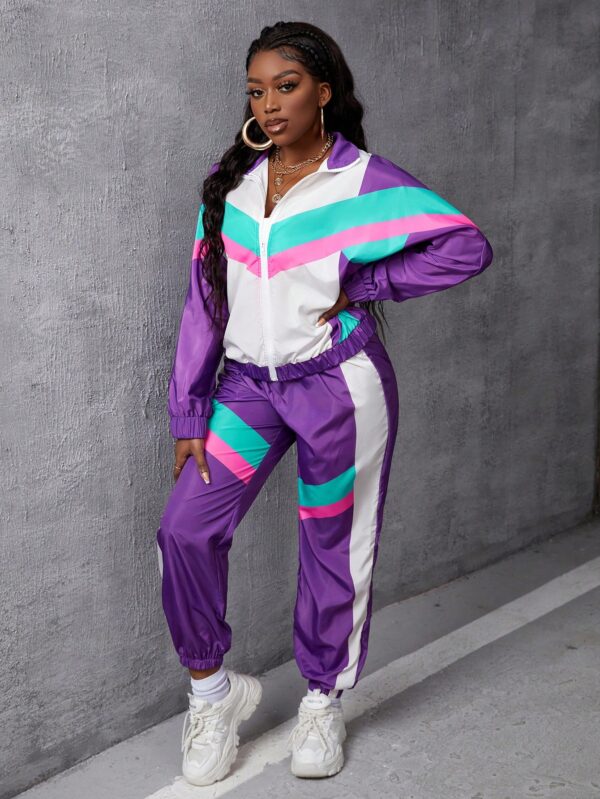 Conjunto Casual de Chaqueta y Pantalón con Cierre Frontal y Bloques de Color