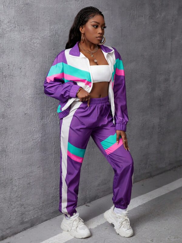 Conjunto Casual de Chaqueta y Pantalón con Cierre Frontal y Bloques de Color - Image 4