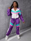 Conjunto Casual de Chaqueta y Pantalón con Cierre Frontal y Bloques de Color
