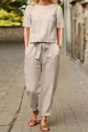 Set Casual de 2 Piezas en Color Sólido, Top Manga Corta y Pantalón Largo