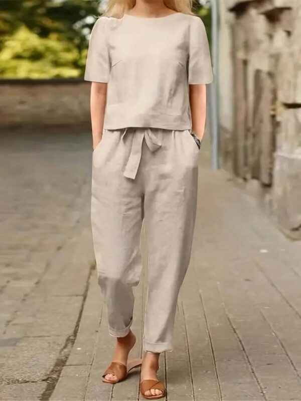 Set Casual de 2 Piezas en Color Sólido, Top Manga Corta y Pantalón Largo