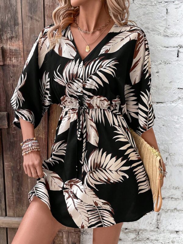 Vestido Boho con Escote en V, Mangas Murciélago y Cinturón - Image 3