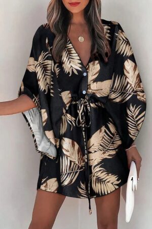 Vestido Boho con Escote en V, Mangas Murciélago y Cinturón
