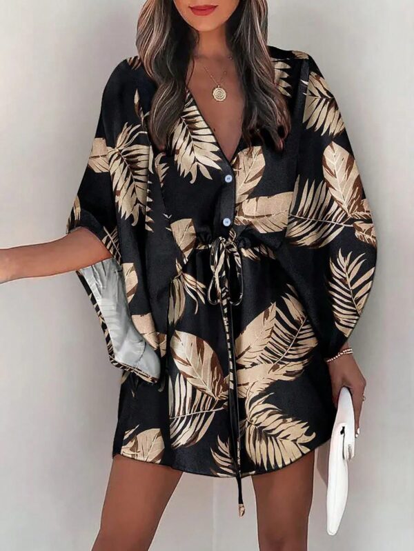 Vestido Boho con Escote en V, Mangas Murciélago y Cinturón