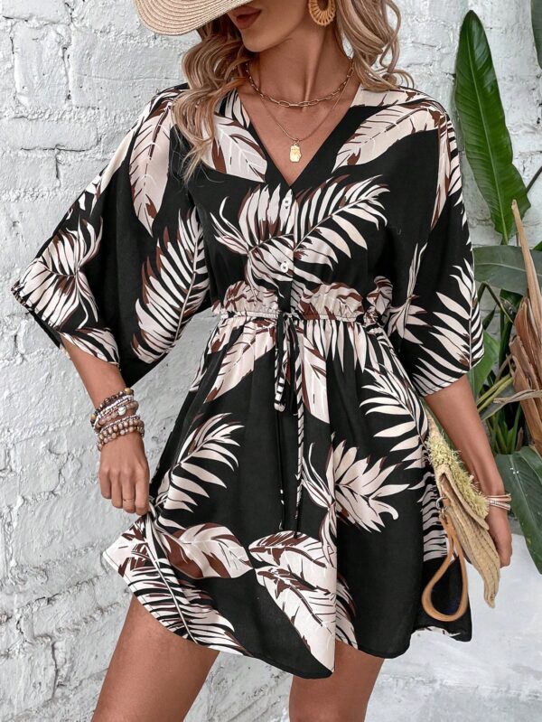 Vestido Boho con Escote en V, Mangas Murciélago y Cinturón - Image 4