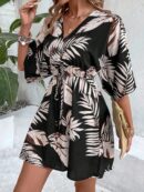 Vestido Boho con Escote en V, Mangas Murciélago y Cinturón