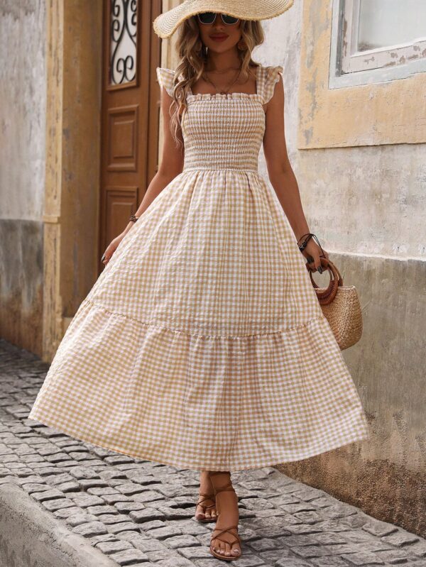 Vestido Cuadriculado Manga Corta para Vacaciones en Playa - Image 7