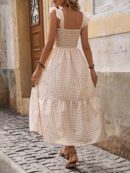 Vestido Cuadriculado Manga Corta para Vacaciones en Playa