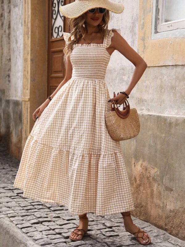 Vestido Cuadriculado Manga Corta para Vacaciones en Playa - Image 6