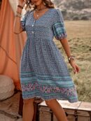 Vestido Casual con Estampado Floral y Botones, Ideal para Vacaciones en la Playa