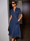 Vestido Camisero Casual Manga Corta con Cuello y Cinturón