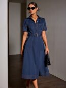 Vestido Camisero Casual Manga Corta con Cuello y Cinturón