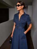 Vestido Camisero Casual Manga Corta con Cuello y Cinturón