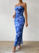 Vestido Strapless Tie Dye con Abertura Lateral y Ruched