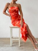 Vestido Strapless Tie Dye con Abertura Lateral y Ruched
