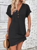 Vestido Midi Casual de Manga Murciélago y Media Abotonadura
