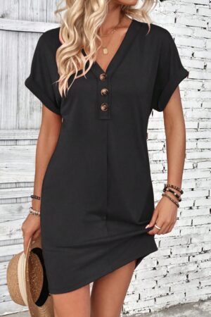 Vestido Midi Casual de Manga Murciélago y Media Abotonadura