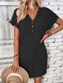 Vestido Midi Casual de Manga Murciélago y Media Abotonadura