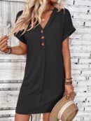 Vestido Midi Casual de Manga Murciélago y Media Abotonadura
