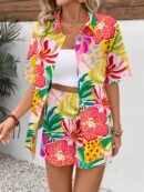 Conjunto Boho Casual de Blusa y Shorts con Estampado Botánico