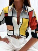 Camisa Casual Manga Larga con Estampado Colorblock y Botones